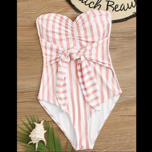 Shein Striped Bandeau One Piece Tie Front Swimsuit